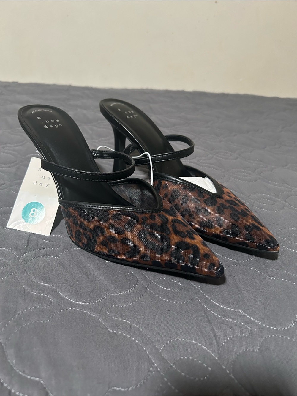 a new day Brown Leopard Print Pointed Toe Heels with Black Straps